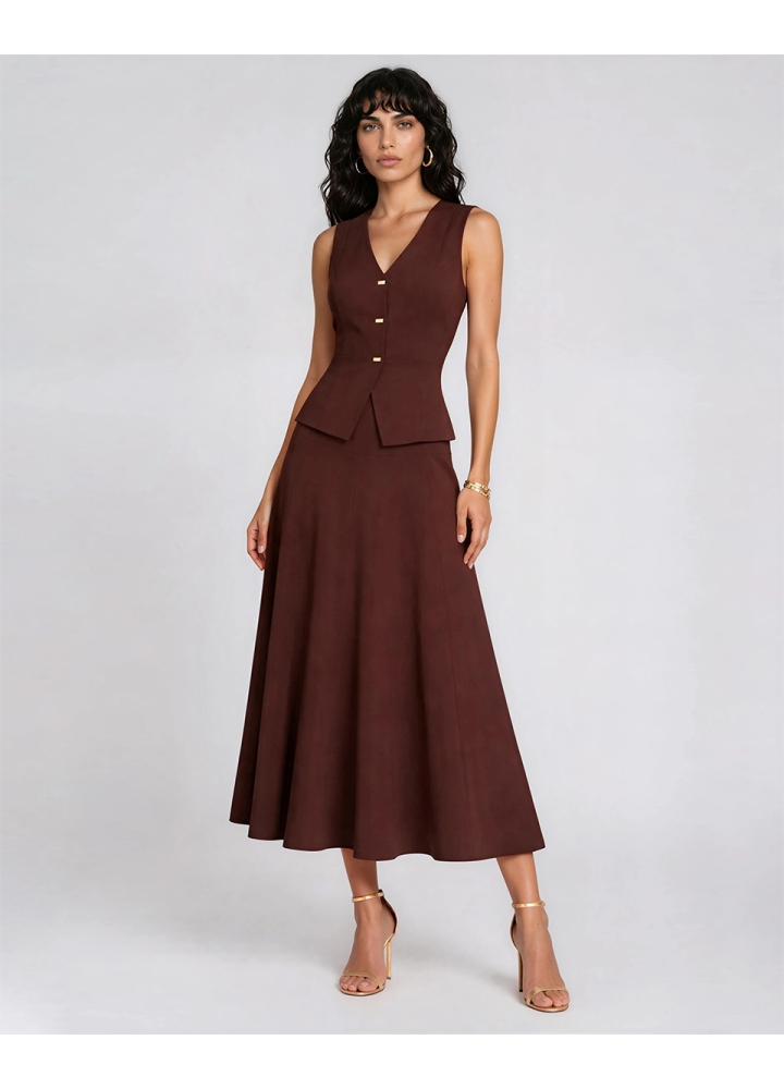 Set maro format din vesta cu nasturi aurii si fusta midi in clini Mikami