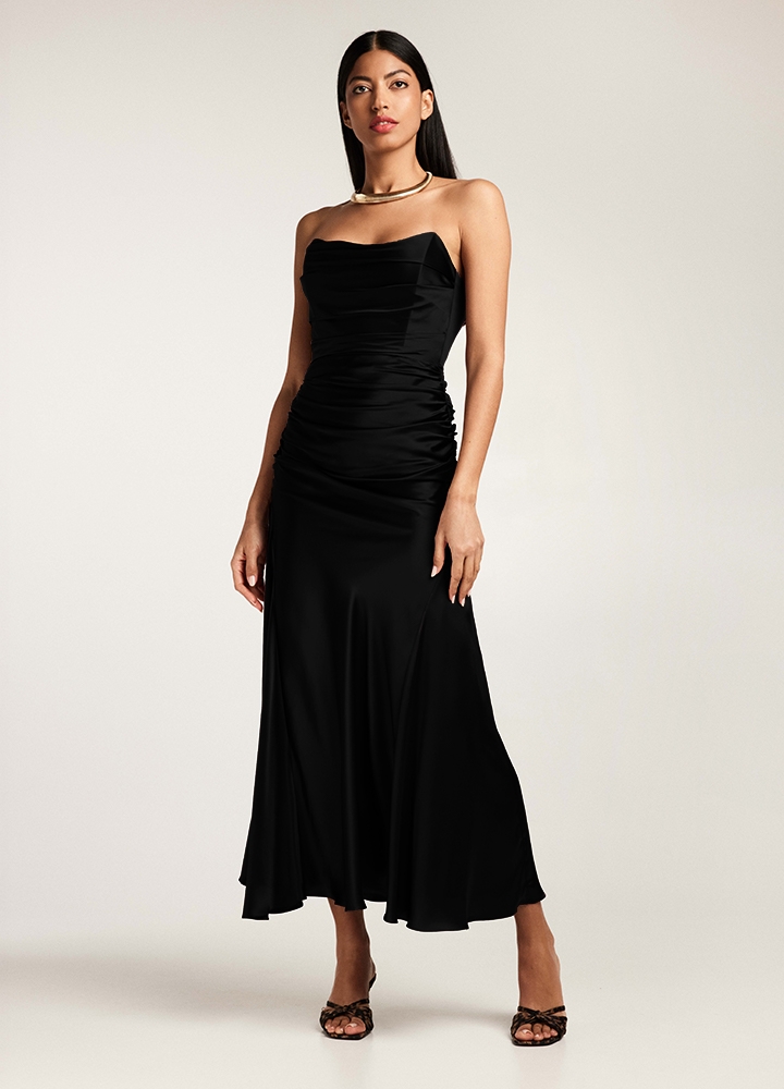 Rochie neagra midi din matase satinata cu drapaje si corset ajustabil Volta