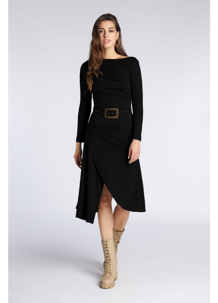 Rochie midi asimetrica neagra cu spate decoltat si curea asortata Zagreb