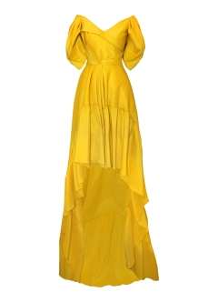 Rochie de seara galbena din tafta de matase cu fusta asimetrica si decolteu pe umeri Sole 