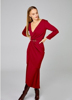 Rochie midi conica drapata rosie din vascoza  cu decolteu in V Vixen