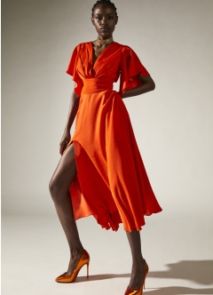 Rochie cocktail midi cu decolteu in V maneca scurta fluture si drapaje  Acento