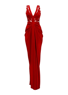 Rochie lunga rosie de seara cu fusta drapata si broderii Alegria 