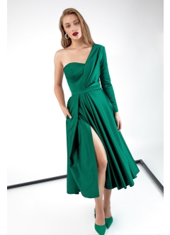 Rochie de seara midi verde cu drapaje si o maneca lunga Marquise 