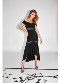 Rochie cocktail midi neagra cu decolteu pe umeri si detalii crosetate Sardana