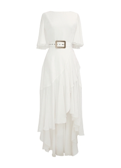 Rochie midi alba din in cu maneci clopot si fusta asimetrica cu volane Bliss