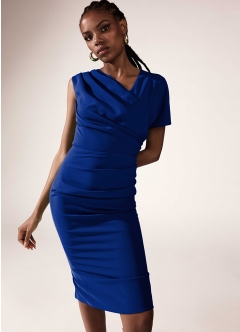Rochie midi conica albastra cu decolteu asimetric si drapaje Chance