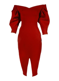 Rochie cocktail midi rosie cu decolteu pe umeri si maneci bufante Flamenco 