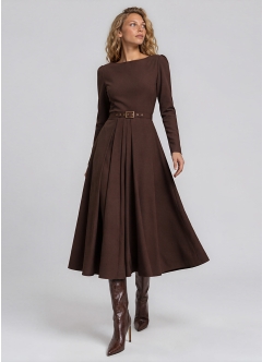 Rochie cocktail midi cu fusta cu pliuri si curea asortata Haga