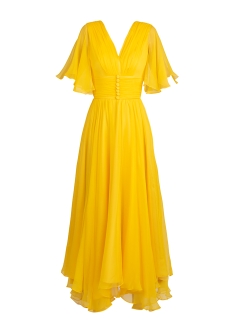 Rochie cocktail midi galbena din voal de matase cu maneci fluture si decolteu in V Livorno 