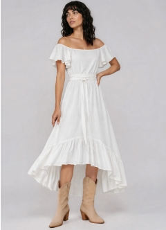 Rochie midi alba din panza topita bumbac cu decolteu pe umeri si fusta cu volan Palermo