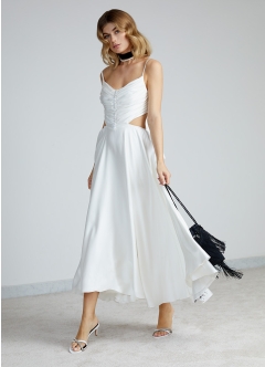 Rochie cocktail midi alba din matase naturala decupata cu nasturi si corset ajustabil Pina 