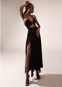 Rochie cocktail midi neagra din voal de matase cu decolteu in V si margele cusute manual Druid 