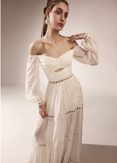 Rochie de cununie lunga alba din voal de bumbac cu drapaje si maneci ample Mist 