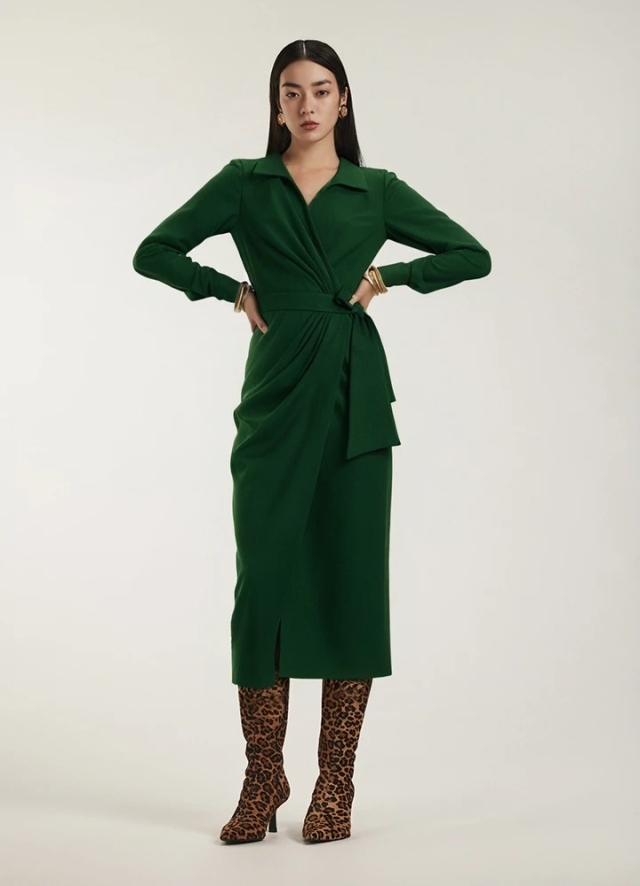 Rochie petrecuta tip camasa midi verde cu maneci lungi si drapaje Margot