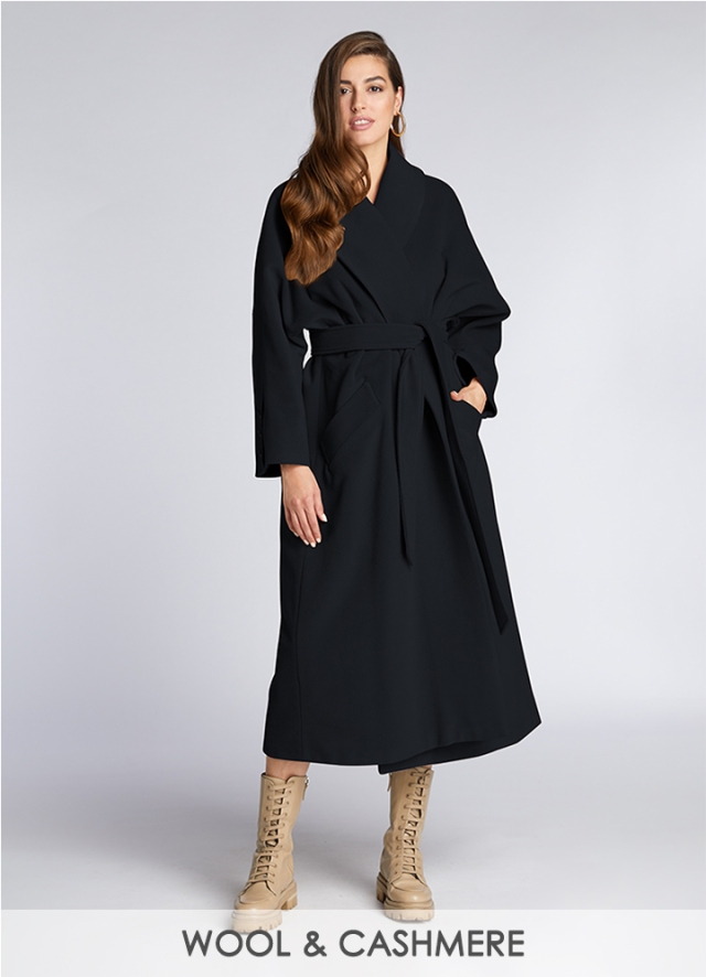 Palton maxi din lana negru cu croiala petrecuta si cordon Medina