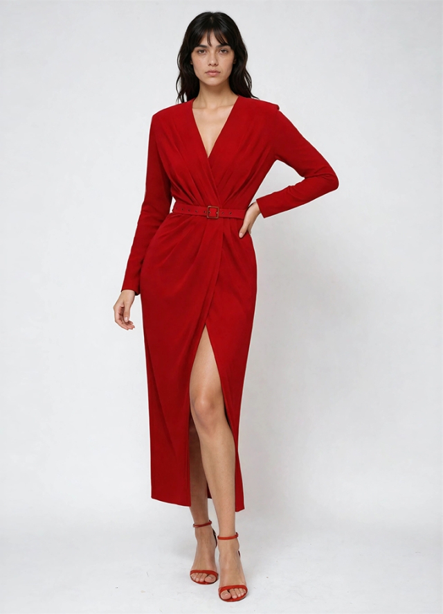 Rochie midi rosie drapata cu curea textila Amaris