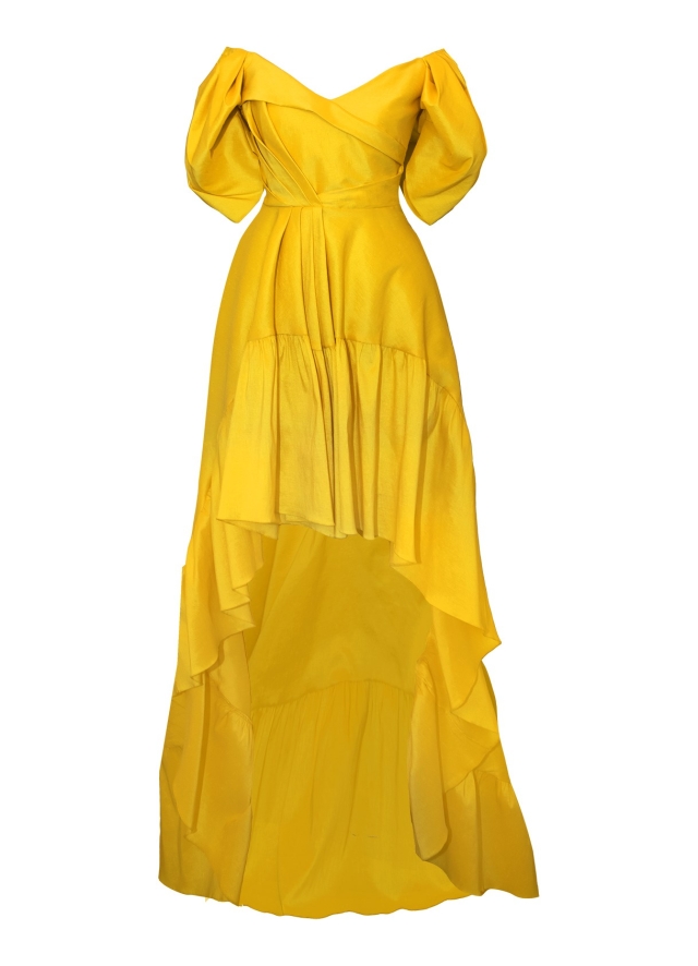 Rochie de seara galbena din tafta de matase cu fusta asimetrica si decolteu pe umeri Sole 