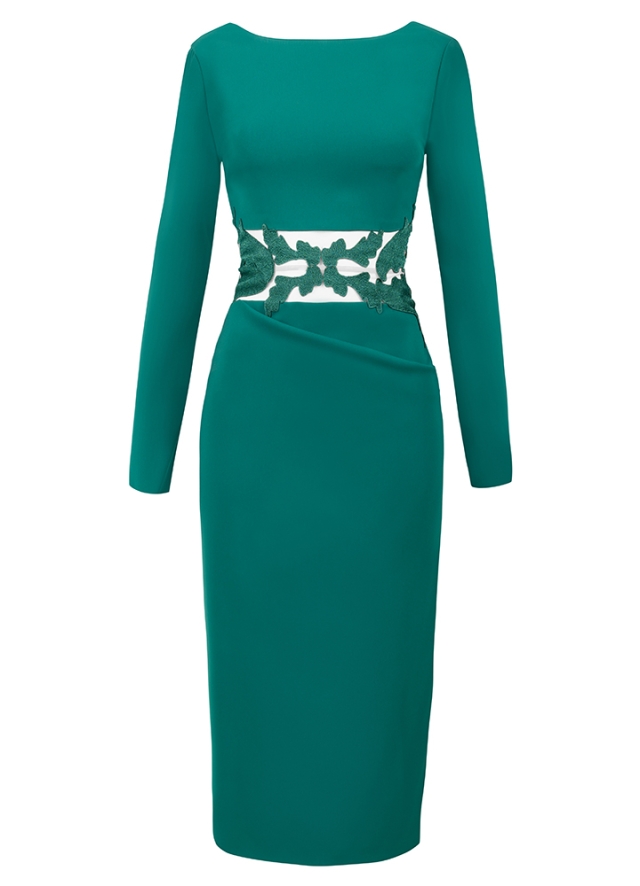 Rochie cocktail midi verde cu maneci lungi si broderii in talie Lucrezia 