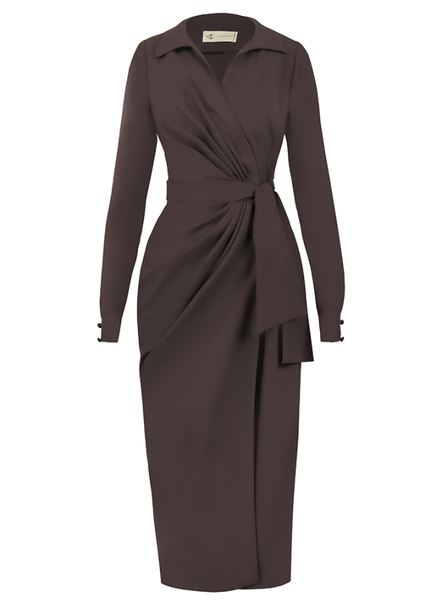 Rochie petrecuta tip camasa midi maro cu maneci lungi si drapaje  Margot