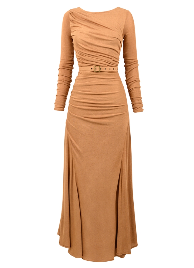 Rochie midi crem din modal si bambus cu drapaje si maneci lungi Shia