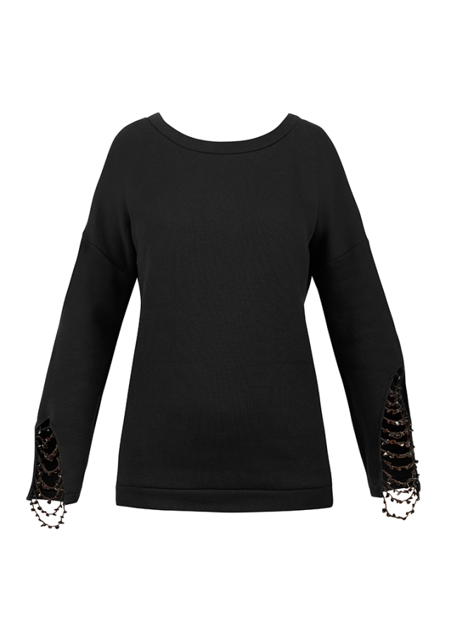 Bluza neagra din bumbac cu siraguri crosetate cu margele si decolteu rotund Rosario