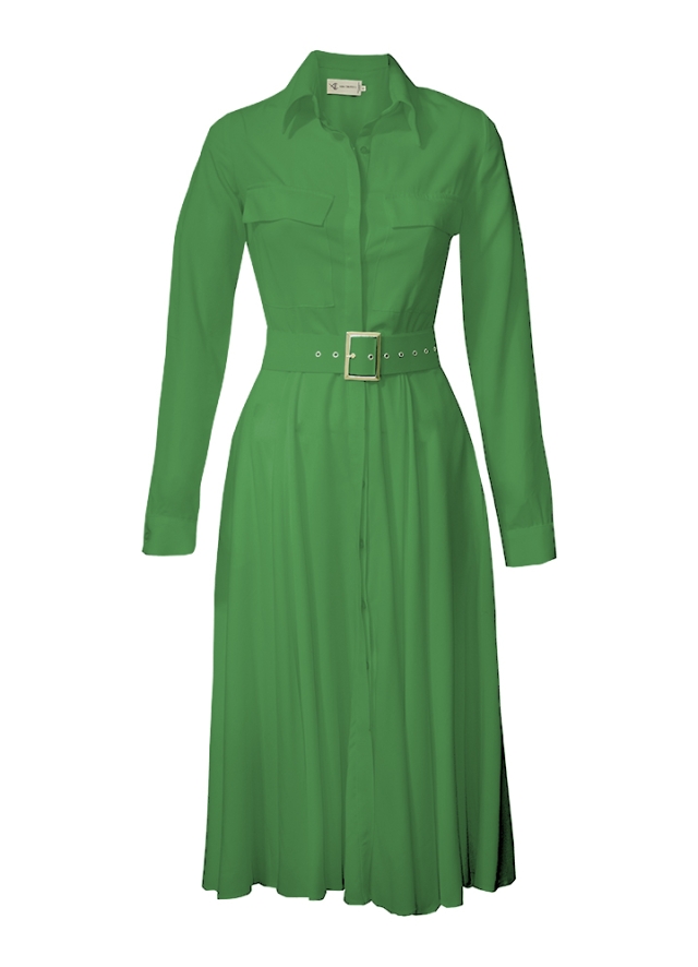 Rochie camasa midi verde deschis evazata din vascoza cu curea asortata Sassy