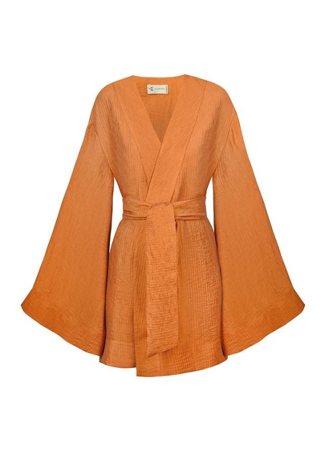 Kimono scurt portocaliu inchis din ramie cu buzunare Sirocco