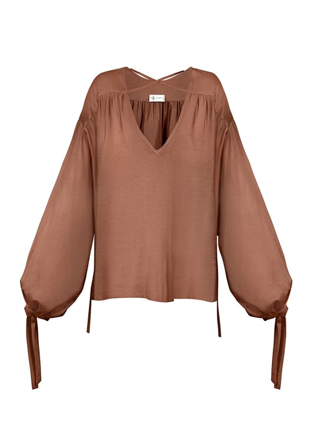 Bluza maro cu maneci largi din lyocell Sable