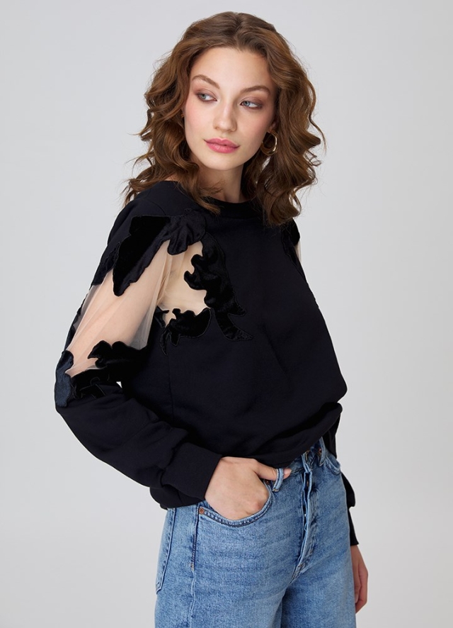 Pulover negru din bumbac cu detalii din tulle si broderie Artist 