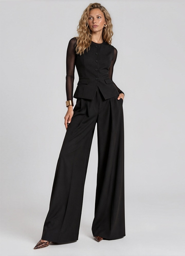 Set negru format din vesta si pantaloni drepti cu pense si buzunare Adhira