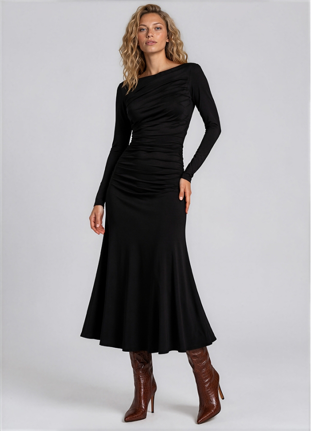 Rochie midi neagra din viscoza cu drapaje si maneci lungi Agua