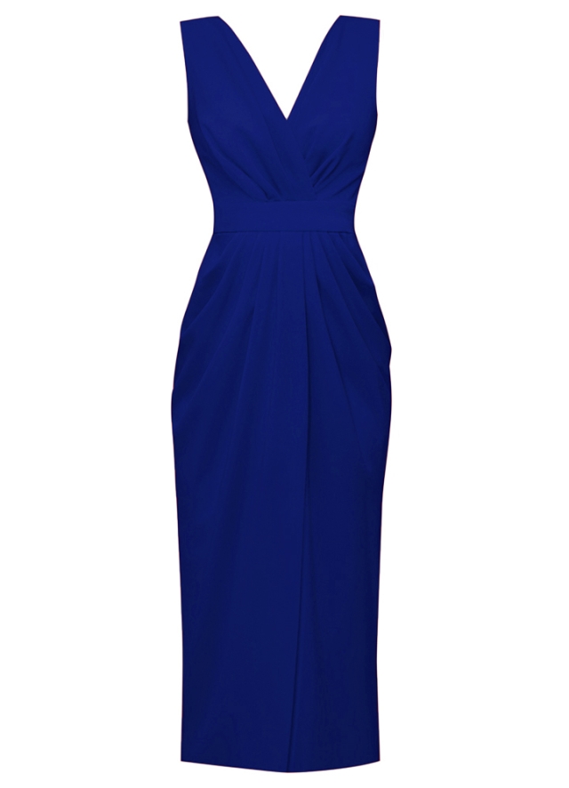 Rochie cocktail midi albastra cu drapaje Alaya