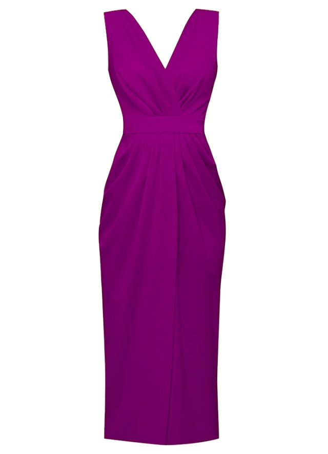 Rochie cocktail midi magenta cu drapaje Alaya