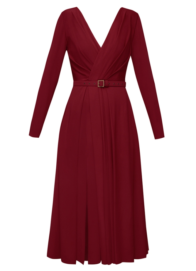 Rochie cocktail midi rosie cu decolteu in V si drapaje Alessi
