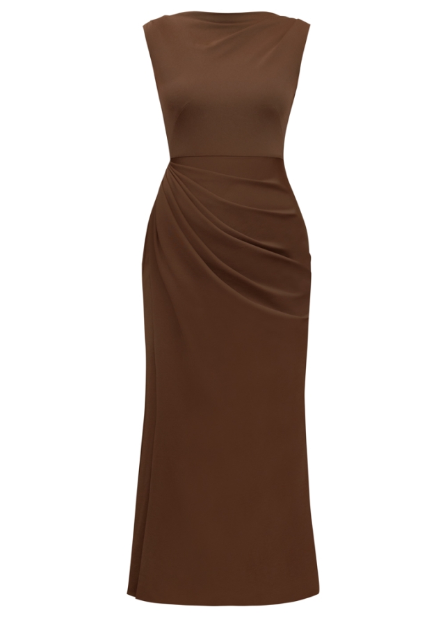 Rochie midi maro din lyocell cu drapaje Whisper