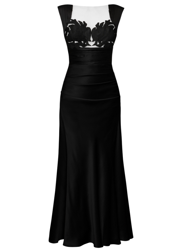 Rochie de seara lunga neagra din matase satinata cu broderii pe bust si corseleta Odessa