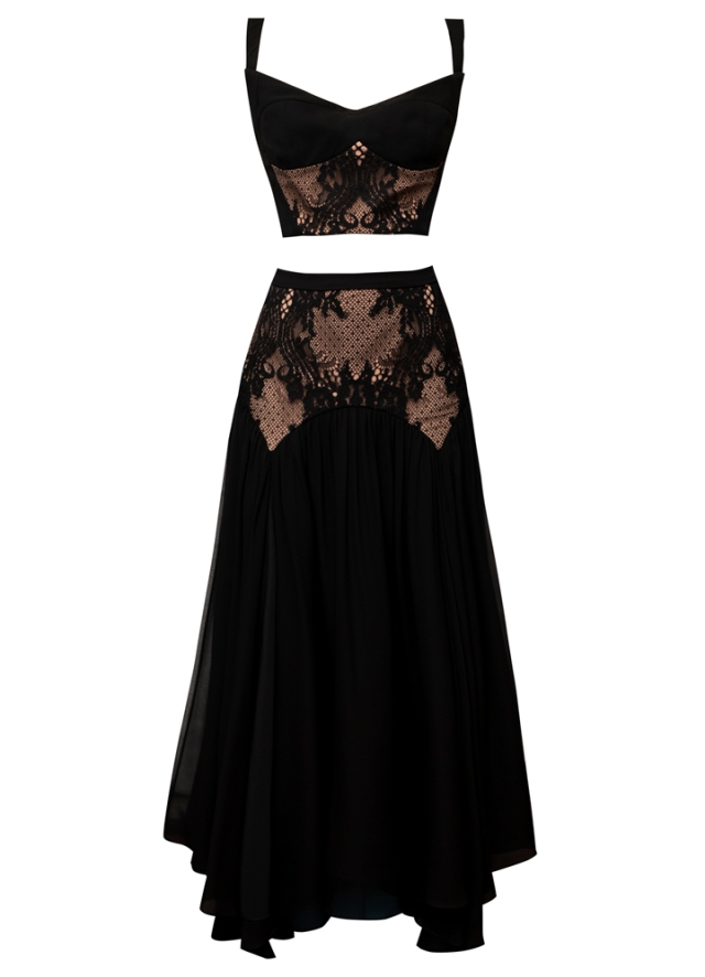 Set negru din matase format din doua piese: corset cu detalii din dantela si fusta midi vaporoasa Davina