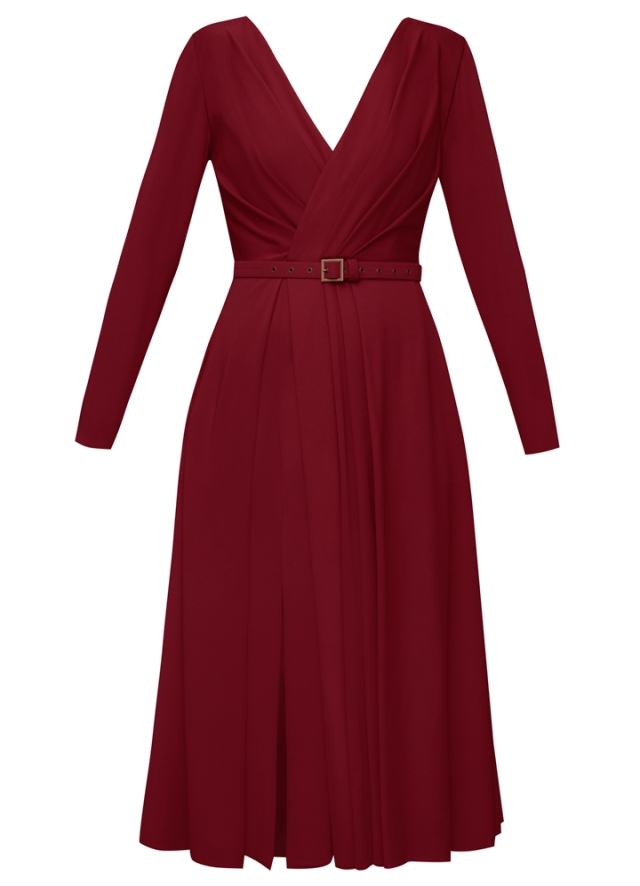 Rochie cocktail midi rosie cu decolteu in V si drapaje Alessi