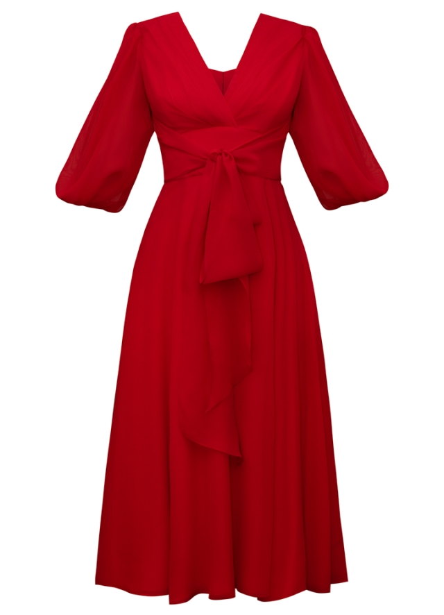 Rochie de seara rosie din matase cu drapaje si maneci bufante Izara