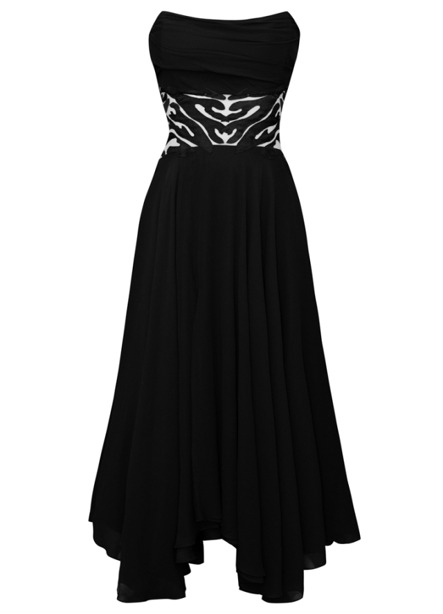 Rochie midi de seara neagra cu corset din matase si broderii in talie Ozara