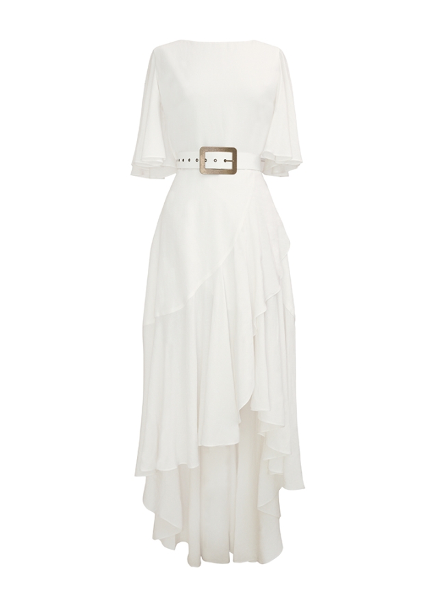 Rochie midi alba din in cu maneci clopot si fusta asimetrica cu volane Bliss
