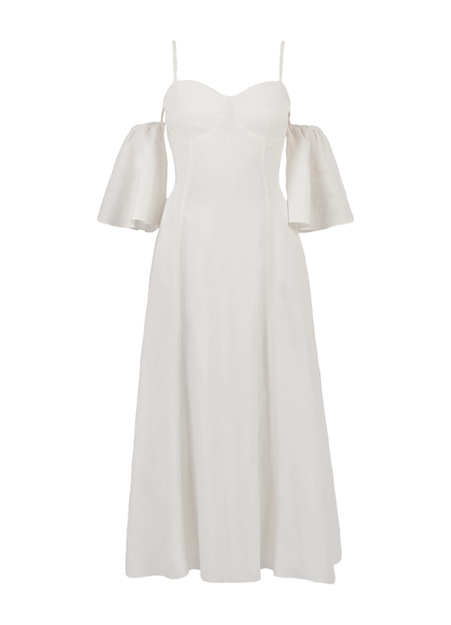 Rochie midi alba din vascoza si in cu maneci detasabile si corset ajustabil cu funda Cupid