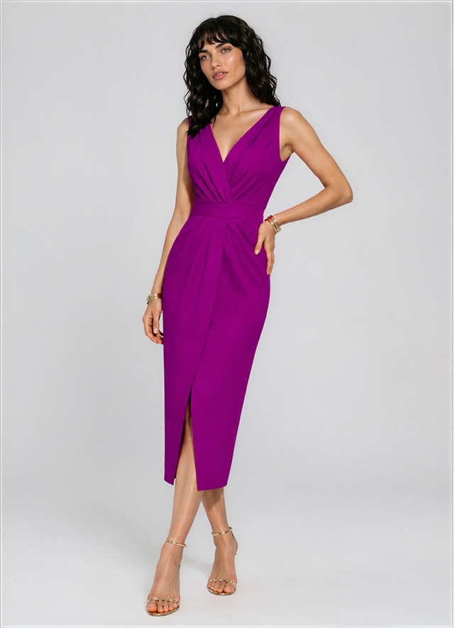 Rochie cocktail midi magenta cu drapaje Alaya