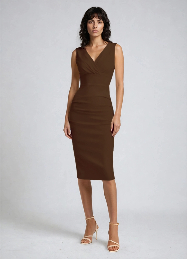 Rochie maro bodycon midi model office drapat cu decolteu in V Anara