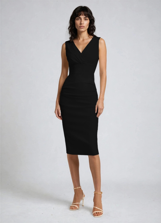 Rochie neagra bodycon midi model office drapat cu decolteu in V Anara