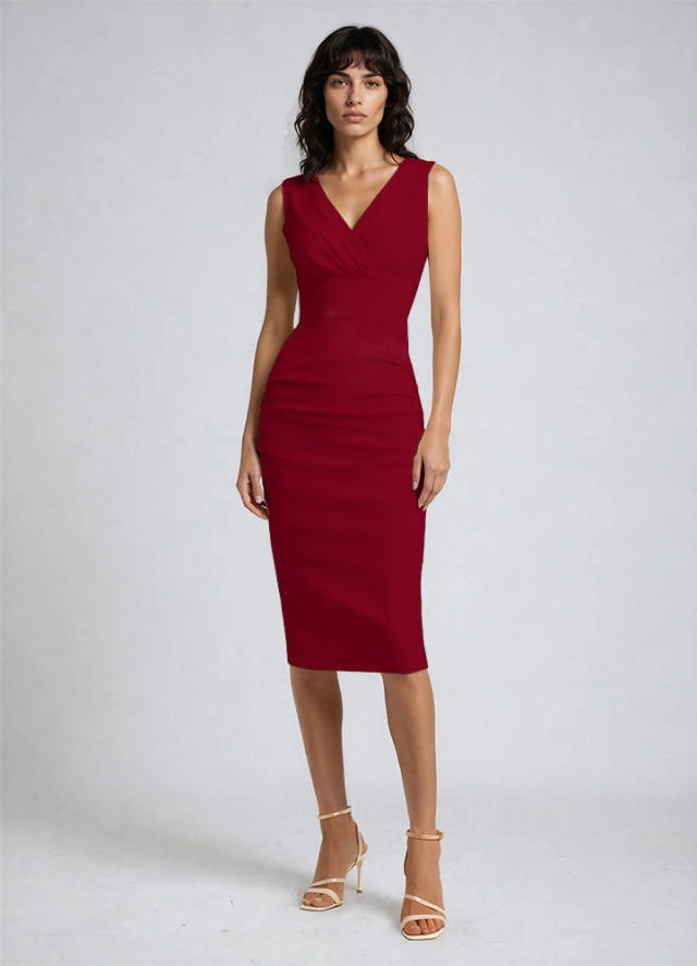 Rochie rosie bodycon midi model office drapat cu decolteu in V Anara