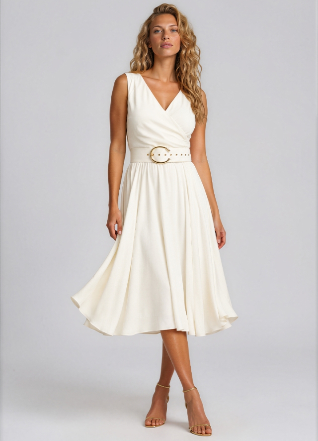 Rochie  midi alba din vascoza cu decolteu in V si buzunare Angel 