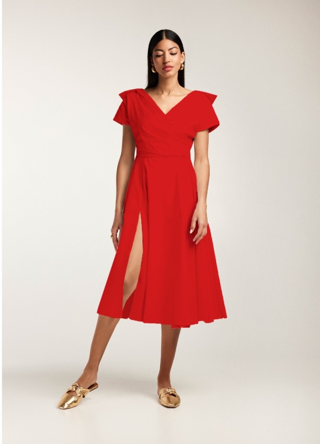 Rochie midi rosie din bumbac cu decolteu in V si slit pe picior Angola