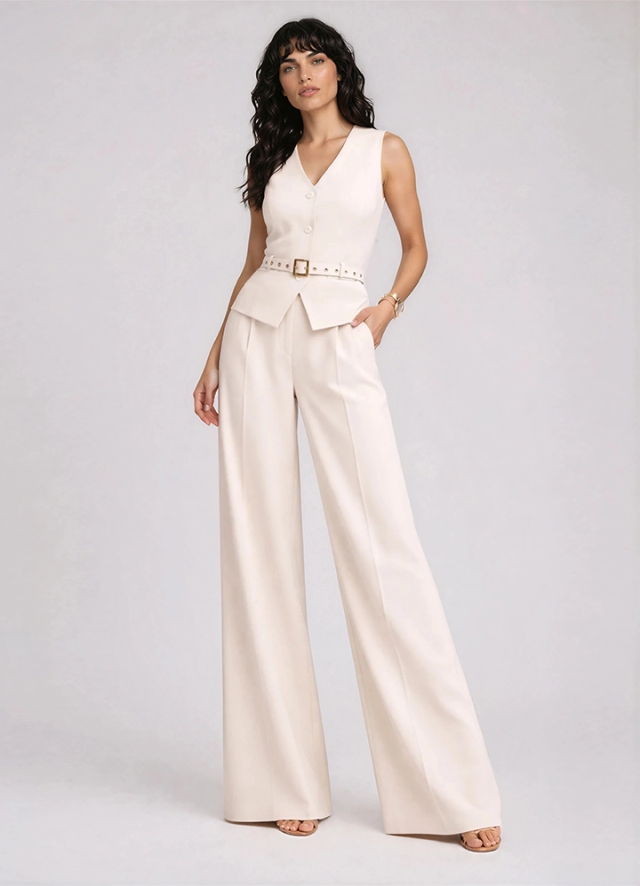 Set ivoire format din vesta si pantaloni drepti cu pense si buzunare Anika